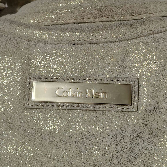 Suede Leather Metallic Cream Gold Speckled Calvin Klein Shoulder Bag Top Handle - Picture 4 of 10